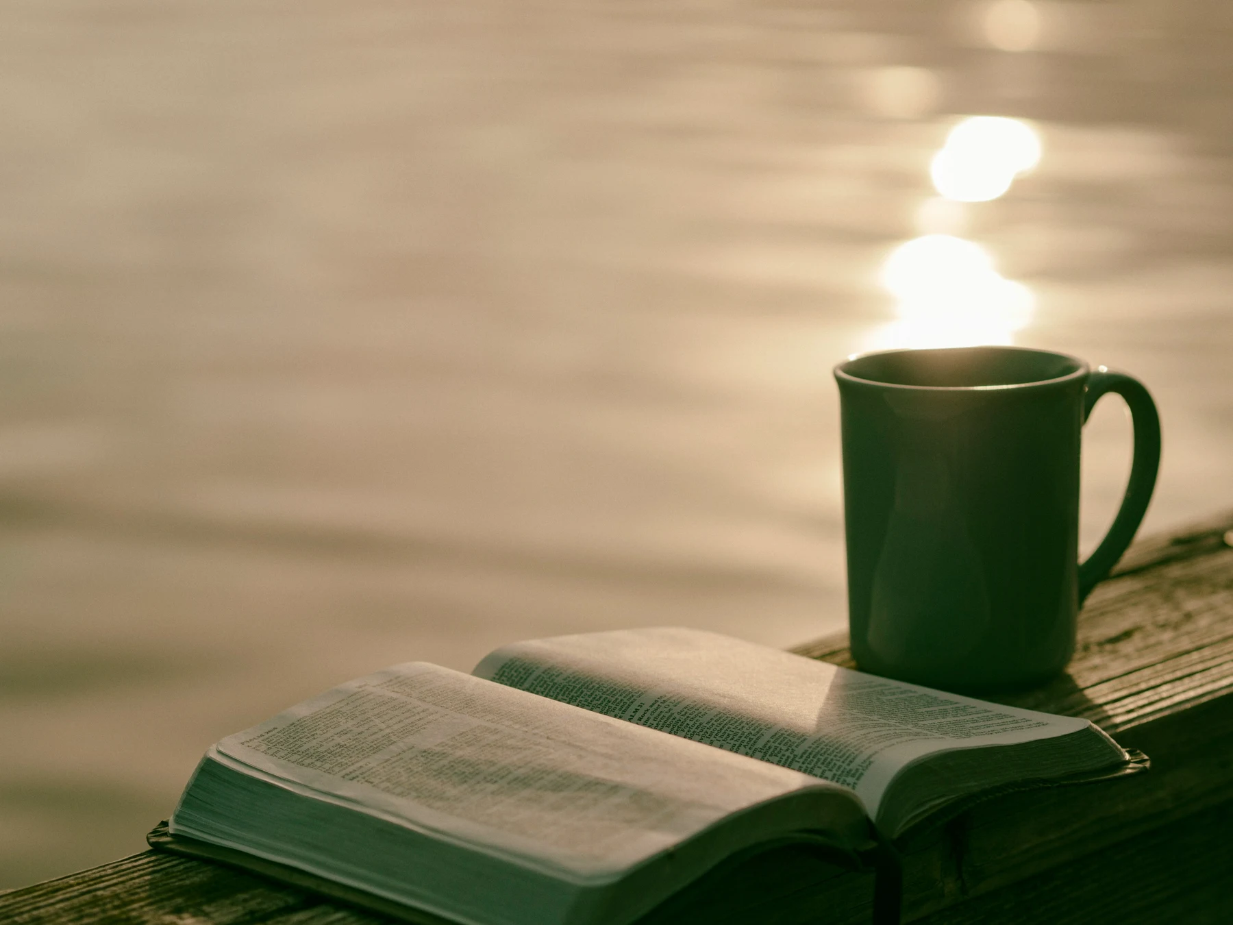 An open book and a cup beside the water